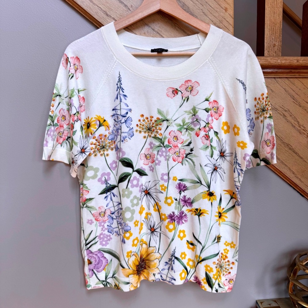 Talbots Womens Ivory Floral Short Sleeve Knit Sweater Tee Size M Cotton Rayon